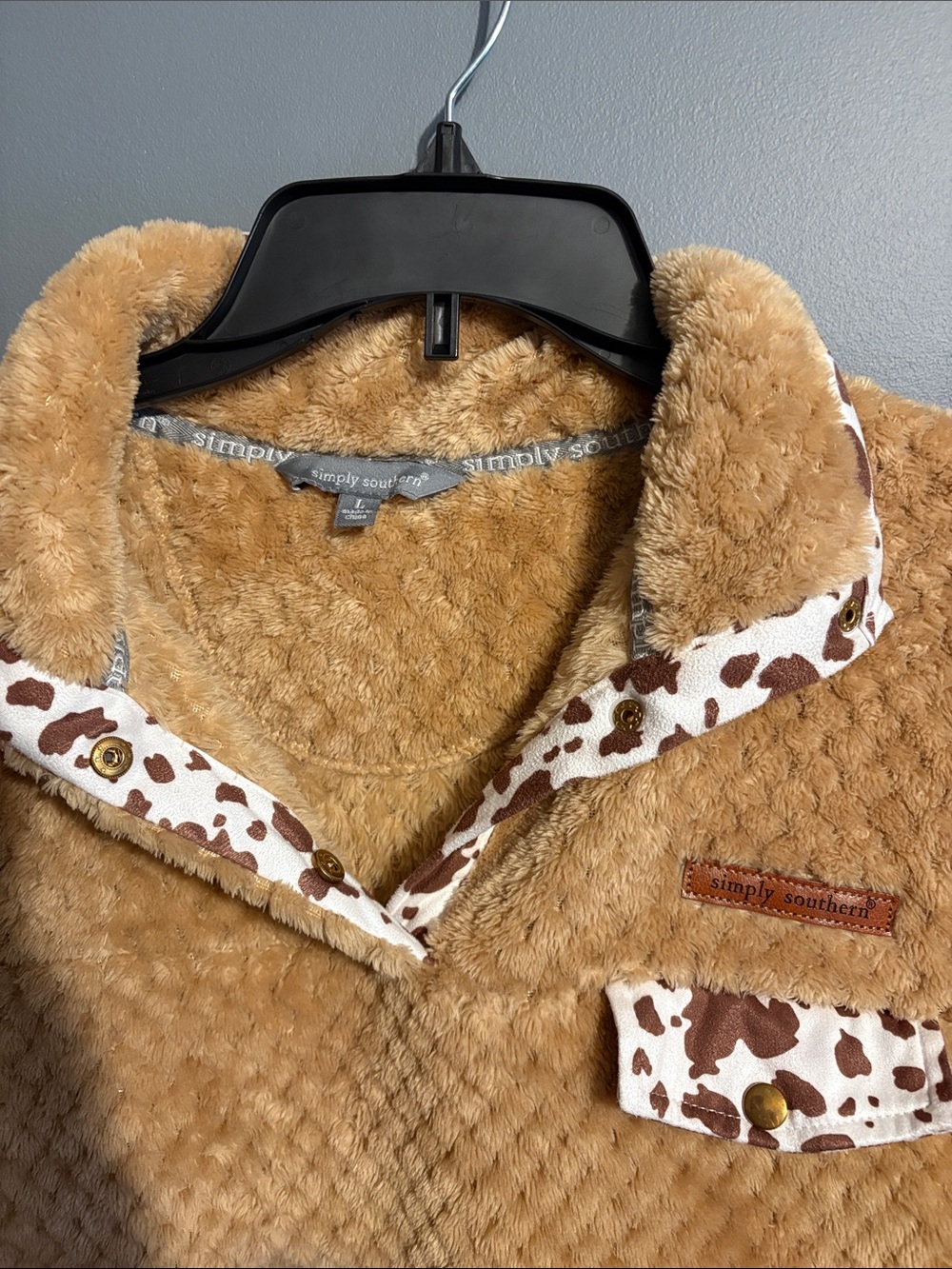 Simply Southern Tan Sherpa Pullover with Cow-Print Trim - Picture 2 of 3